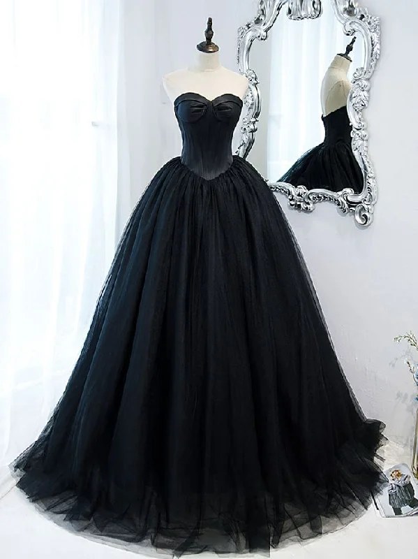 scalloped hem evening dress-Black Sweetheart Neck Tulle Long Prom Dress, Black Formal Evening Dress       S5193