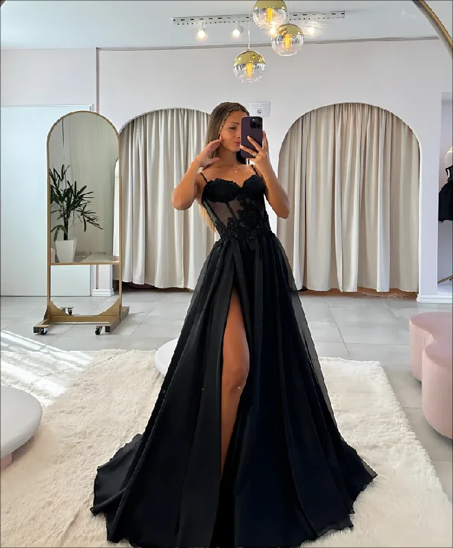 fishtail evening dress-Black Sweetheart Spaghetti Straps High Slit Prom Dresses Appliques Lace Sexy Backless Illusion Formal Evening Gowns Party Dress