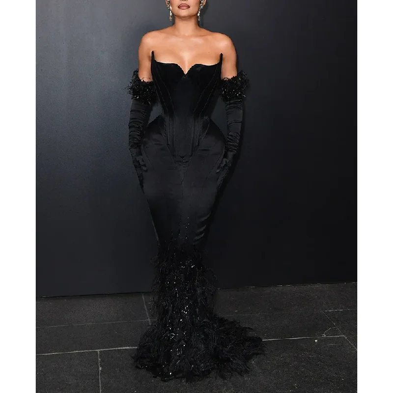 formal evening gown-Black Tassel Feathers Evening Dresses Classic Strapless Sweetheart Sequined Mermaid Gowns Fashion Elegant Party Prom Dresses