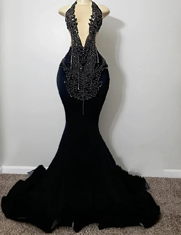 high-low evening dress-Black Tassels Crystal Halter Prom Dresses 2024 For Black Girls Silver Beaded Mermaid Wedding Evening Dress Luxious Formal