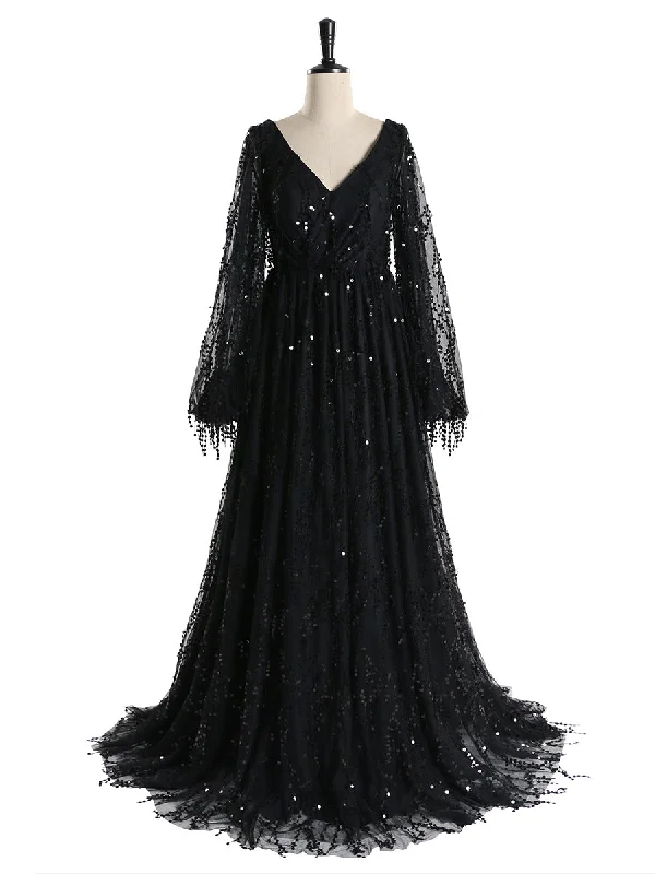 classic black evening dress-Black V Neck Sequins Elegant Long Sleeve Evening Dress Formal Party Gowns