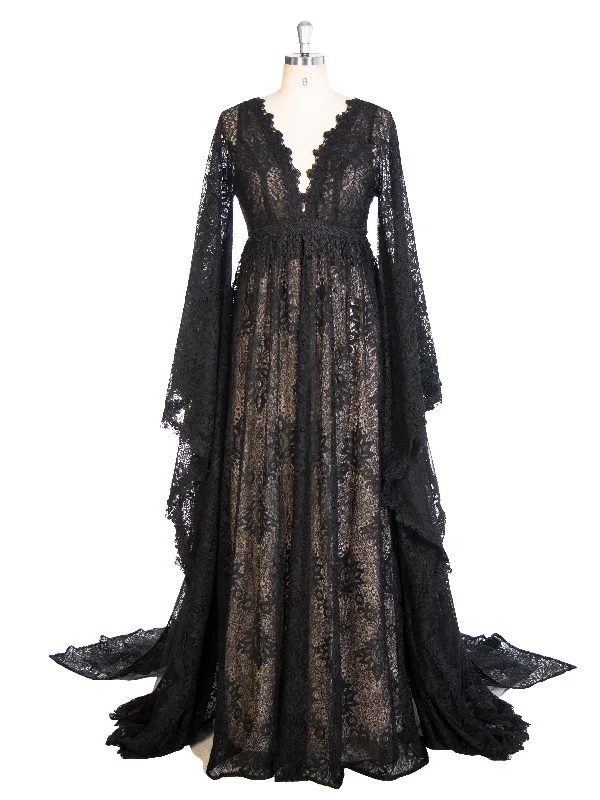 elegant evening gown with beads-Black Vintage Lace Boho Dress, Maternity Lace Gown, Dress for Maternity Session (Free Send Slip Dress ) YW243110