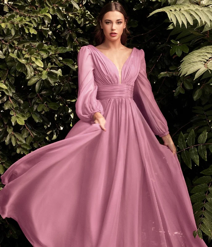 backless evening dress-Cinderella Divine  Blossom Pink Chiffon Sleeve Prom Goddess Gown