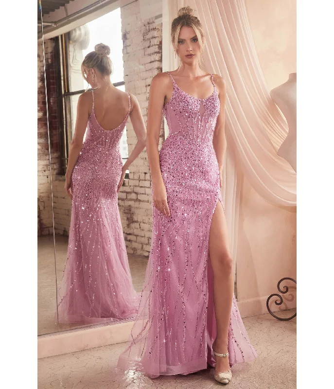 fit and flare evening dress-Cinderella Divine  Blossom Pink Sequin Beaded High Slit Fitted Prom Gown