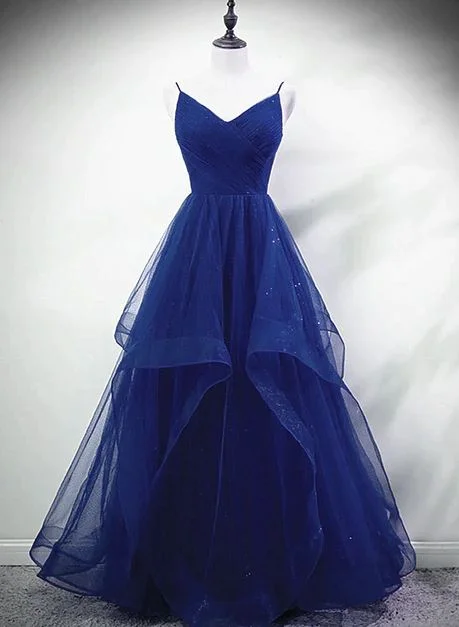 elegant long sleeve evening gown-Blue A-line Straps Tulle Layers Long Evening Party Dress Hand Made Custom Long Prom Dress      S5172