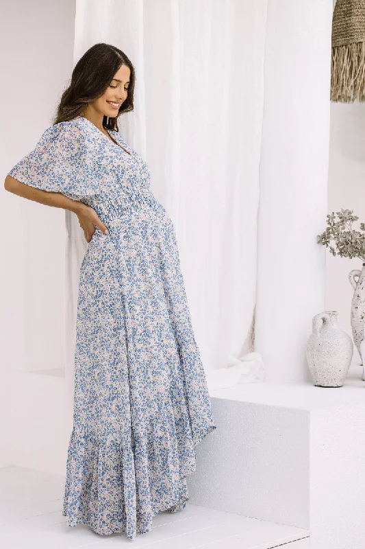 empire waist evening dress-The Wanderer Blue Chiffon Maternity Gown