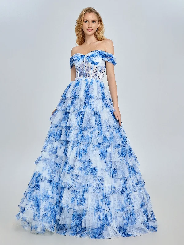 beaded bodice evening dress-Blue Off-Shoulder Floral Tulle Gown Layered Prom Dress YE3025