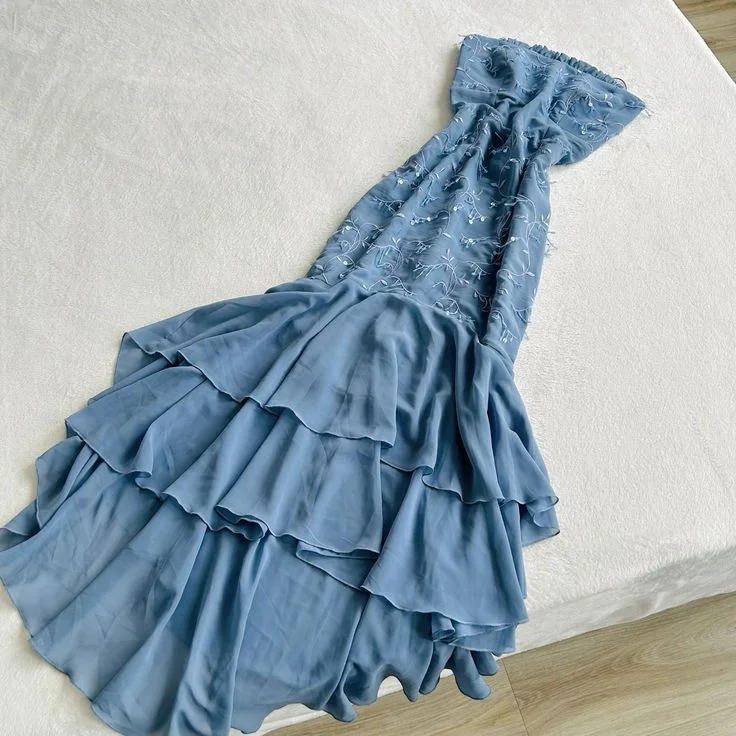 empire waist evening dress-Blue Strapless Sleeveless Long Formal Party Dress Chiffon Long Prom Dress       S5920