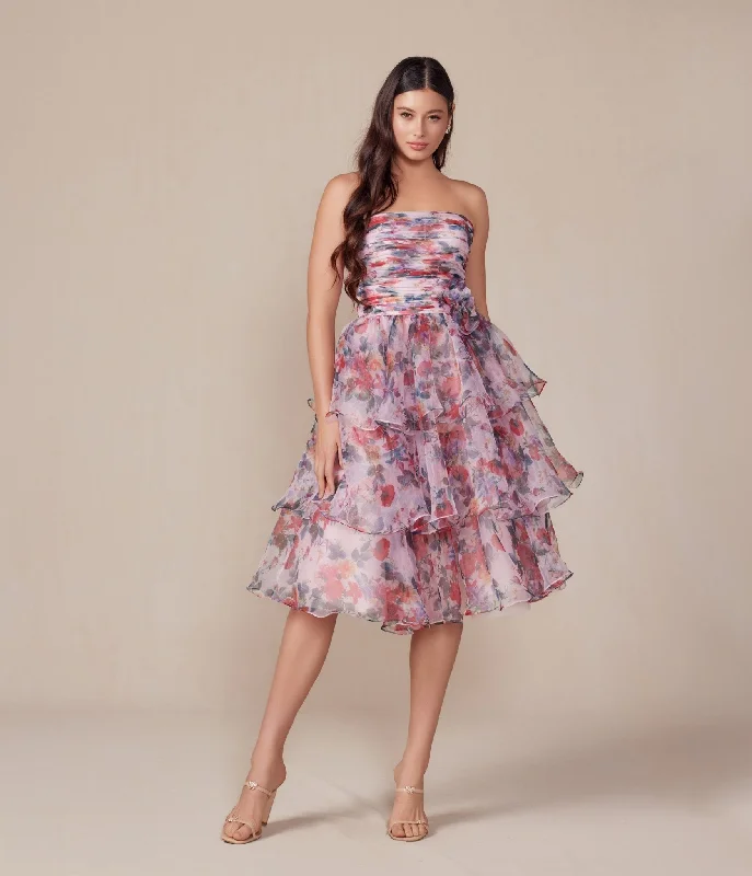 draped evening gown-Blush Floral Print Short A-Line Strapless Prom Dress