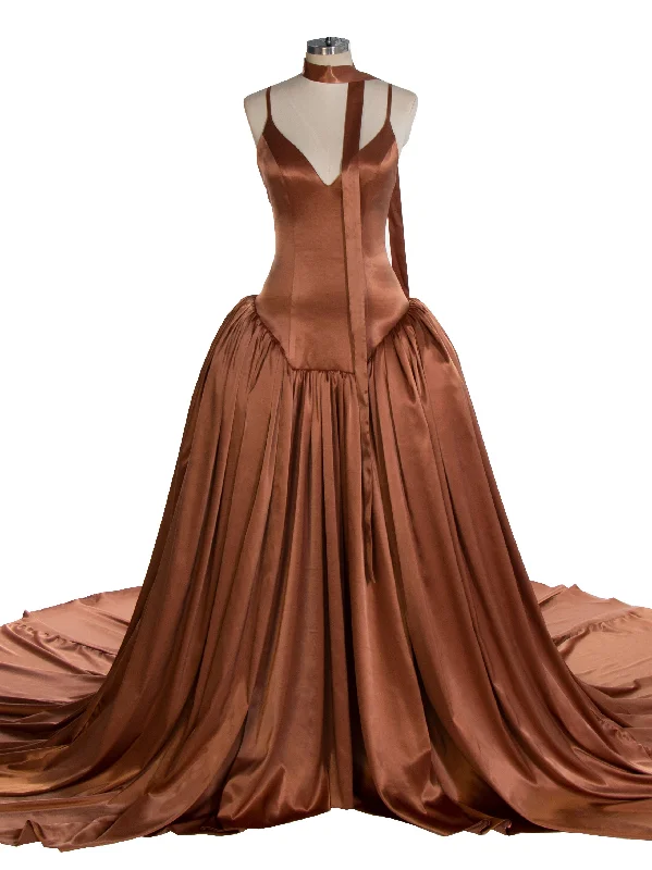 black lace evening dress-Brown Silk Satin Long Dress with Shirred Skirt Detail Party Dress YW240026