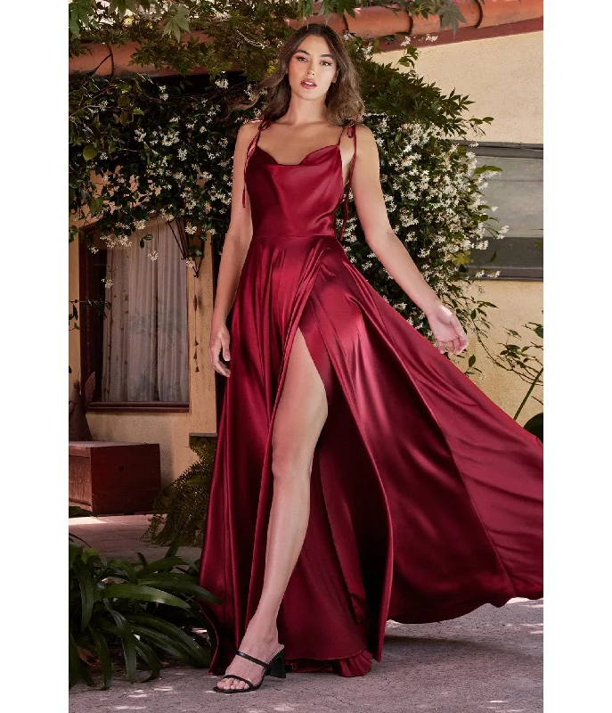 elegant cocktail evening dress-Cinderella Divine  Burgundy Liquid Satin Prom Gown