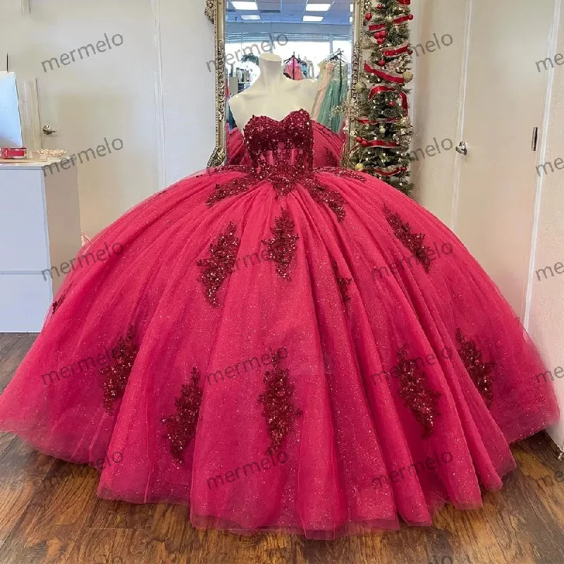 chiffon evening gown-Burgundy Quinceanera Dresses Sweetheart Ball Gown Crystal Lace Appliques