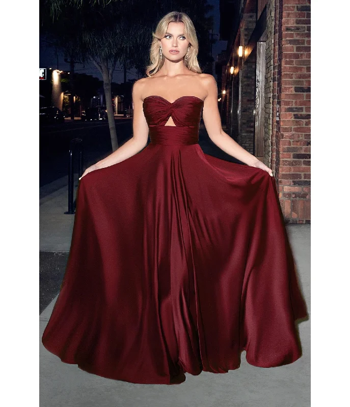 evening dress for black-tie events-Cinderella Divine  Burgundy Satin Strapless Keyhole Evening Gown