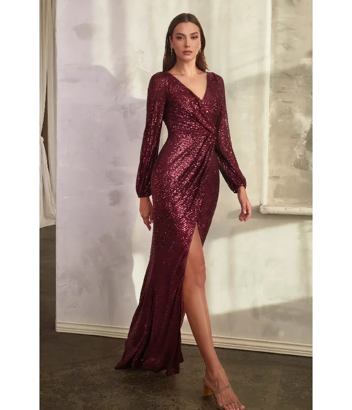 evening dress with mesh overlay-Cinderella Divine  Burgundy Sequin Long Sleeve Slit Evening Gown