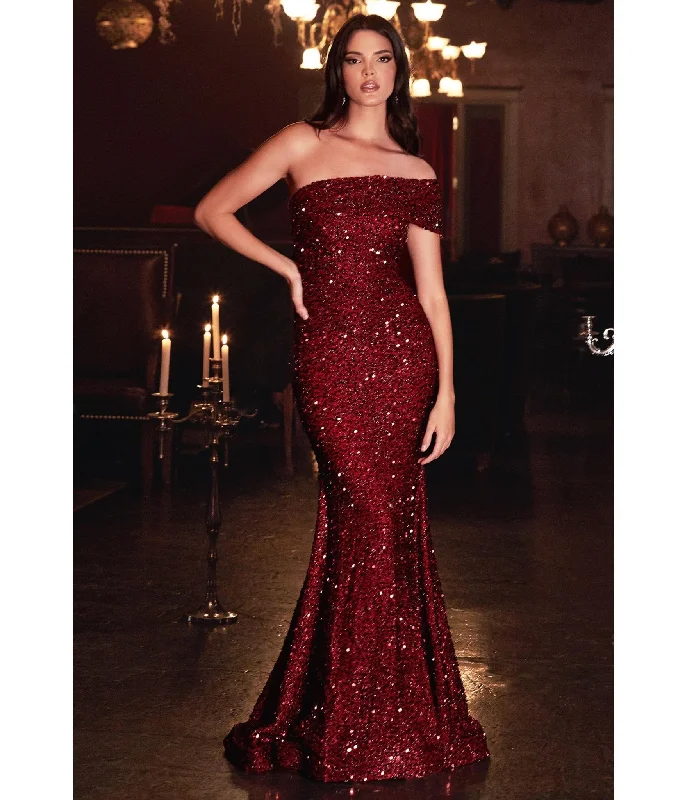 beaded bodice evening dress-Cinderella Divine  Burgundy Sequin One Shoulder Mermaid Prom Gown