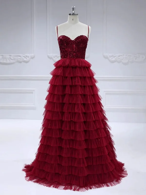 evening dress with ruffles-Burgundy Sweetheart-Neck Layered Cascade Ball Gown #18636A