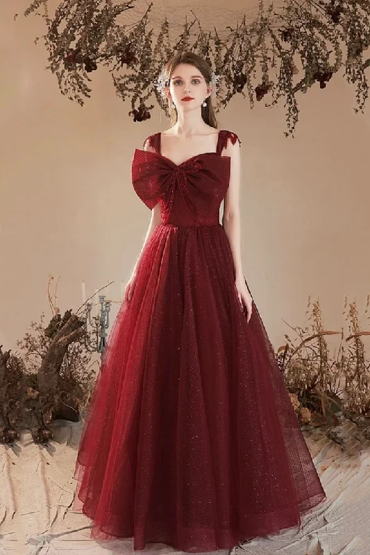 evening dress with beads-Burgundy Tulle A Line Long Prom Dresses with Bow, Long Burgundy Formal Graduation Evening Dresses       S5386