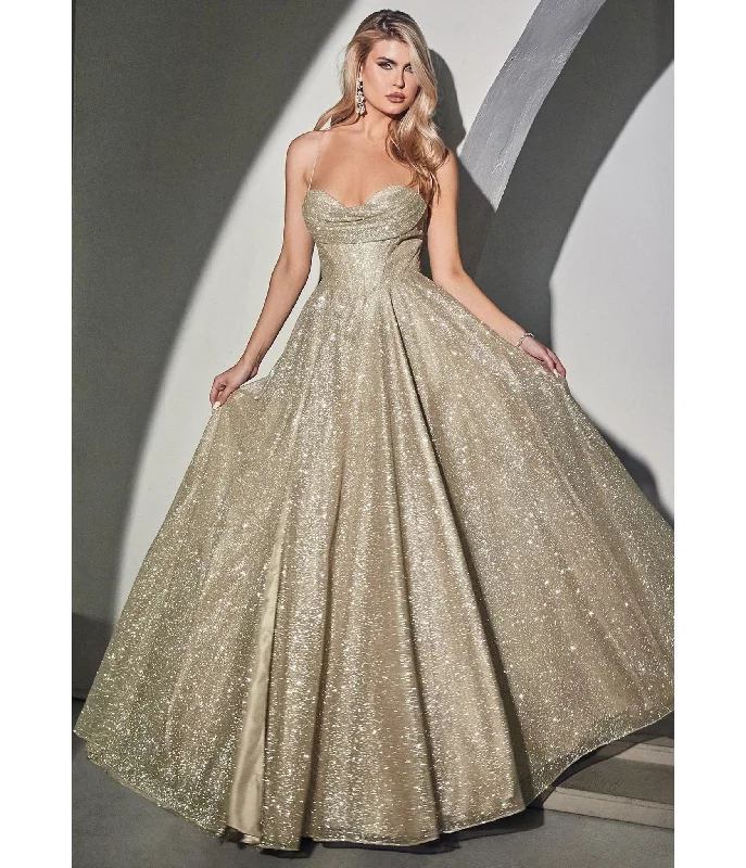 ball gown evening dress-Cinderella Divine  Champagne Glitter Corset Prom Ball Gown