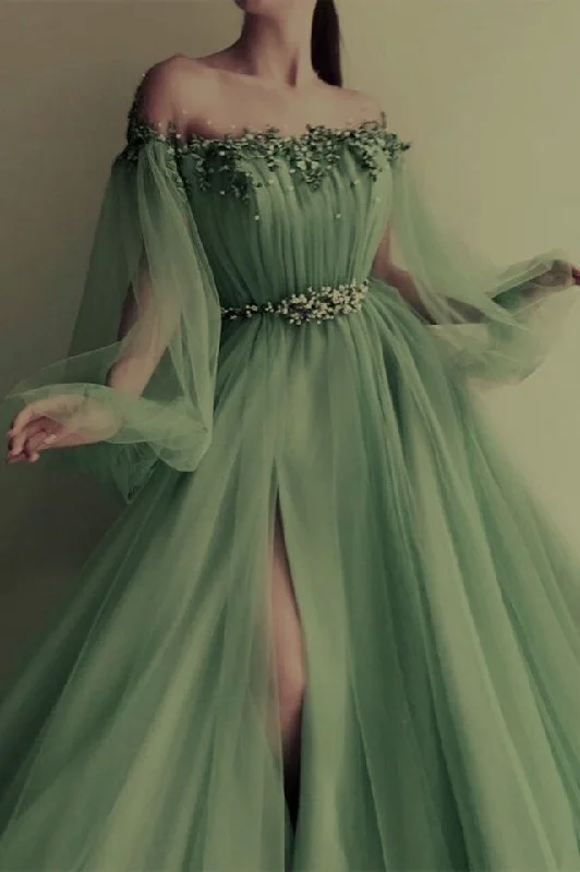 scalloped hem evening dress-Charming Green Long Sleeves Evening Dress Tulle Prom Dress      S5713