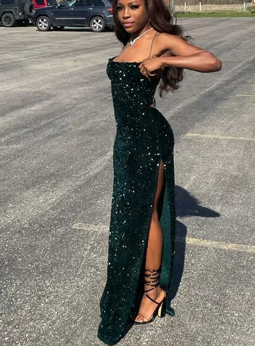 evening dress with shawl-Charming Mermaid Green Sequins Prom Dress With Side Slit    S2469