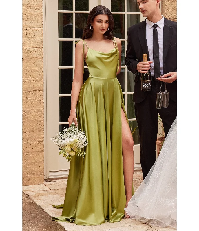 elegant satin evening gown-Cinderella Divine  Chartreuse Liquid Satin Prom Gown