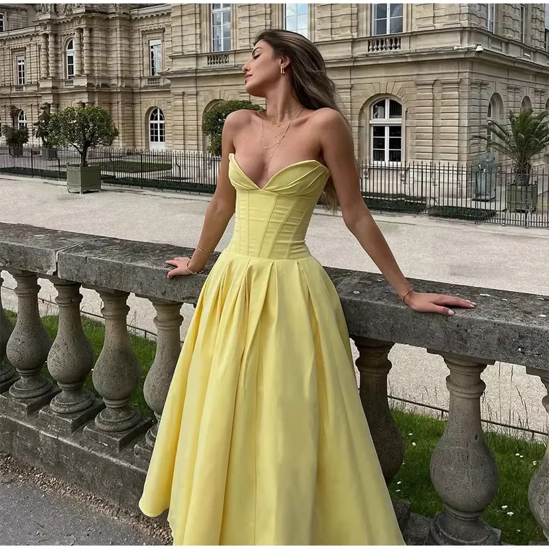 evening dress for prom-Chic Sleeveless Backless High Waist A-line Gown 2024 Lady Fashion Party Robe Elegant Yellow Women's Strapless Pleated Long Dress