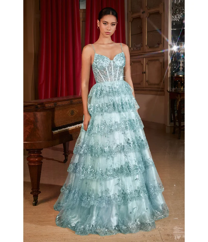 sleeveless tulle evening dress-Cinderella Divine Blue Sparkle Tiered Prom Dress