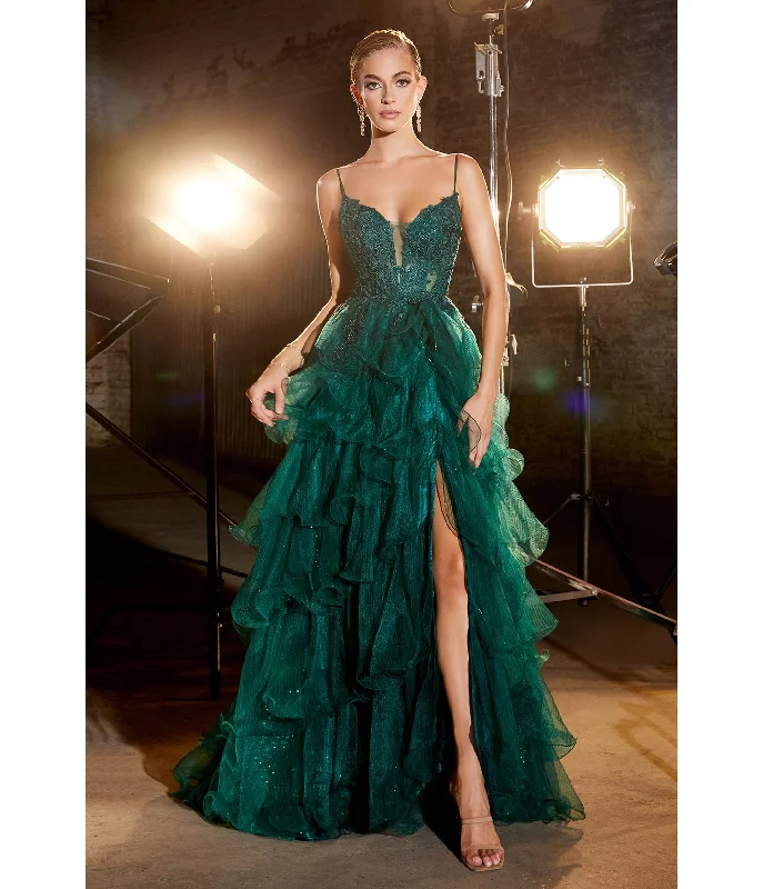 royal blue evening dress-Cinderella Divine Emerald Feather Glitter Prom Dress