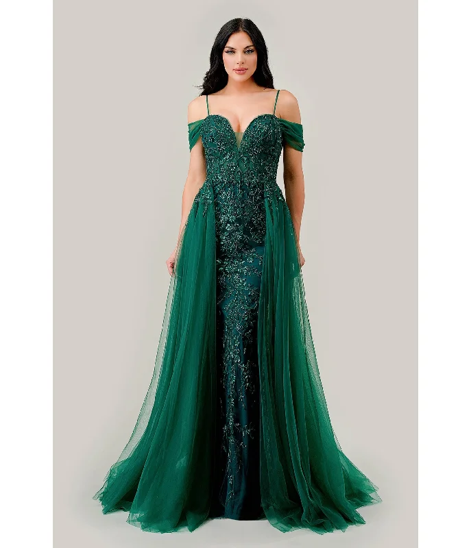 shimmering evening dress-Cinderella Divine Emerald Off Shoulder Prom Gown