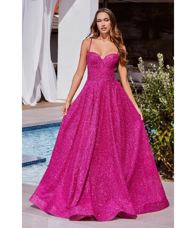 sheer back evening dress-Cinderella Divine Fuchsia Glitter Strapless Prom Gown