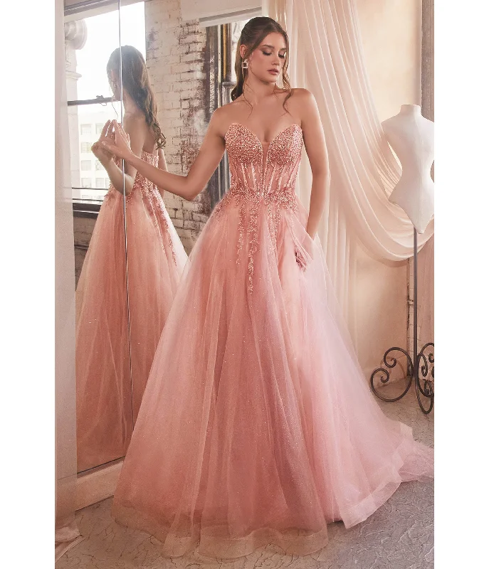 off shoulder evening gown-Cinderella Divine Rose Gold Sparkle Corset Top Prom Gown