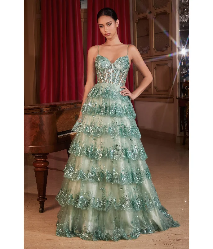 sophisticated evening dress-Cinderella Divine Sage Sparkle Tiered Prom Dress