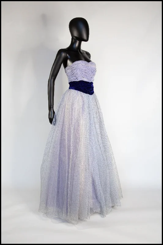 evening dress with shawl-Vintage 1950s Blue Flocked Organza Gown