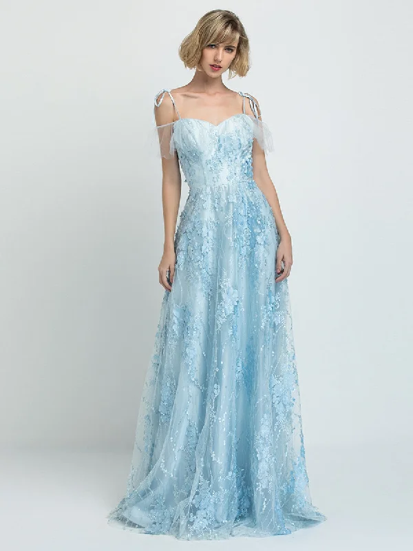 mermaid evening gown-Blue Sweatheart Neckline Floral Prom Dress Floor Length Tulle Dress 2024