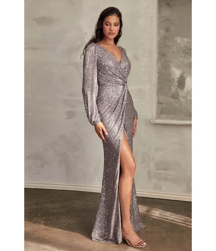 tulle evening gown-Cinderella Divine  Dark Silver Sequin Long Sleeve Slit Evening Gown