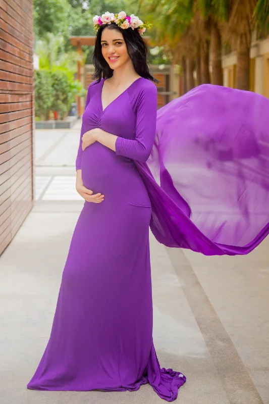 evening dress with plunging neckline-Deep Purple Trail Maternity Photoshoot Gown