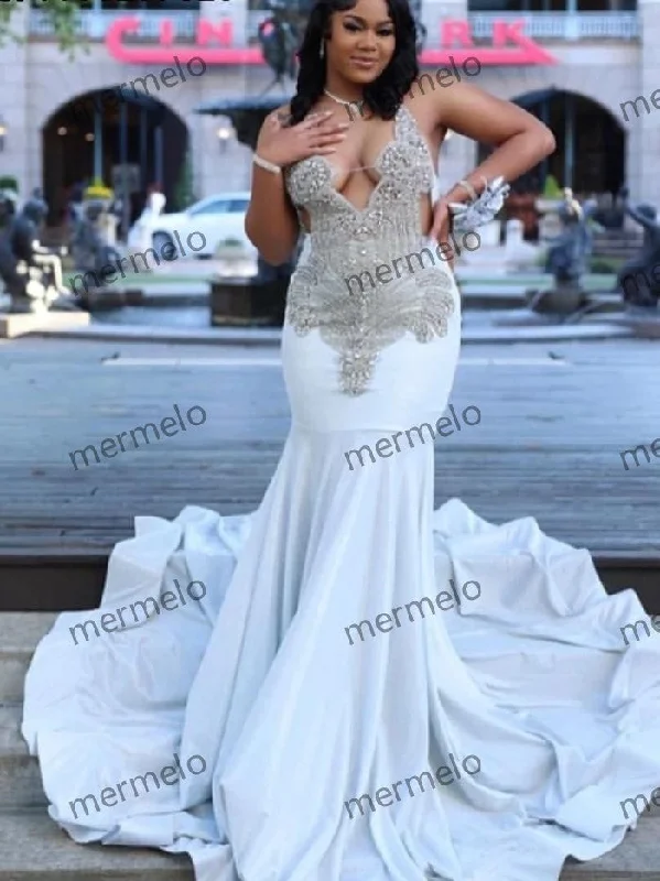 high slit evening dress-Diamond Silver Prom Dress For Black Girls Sequin Mermaid Party Gala Gowns