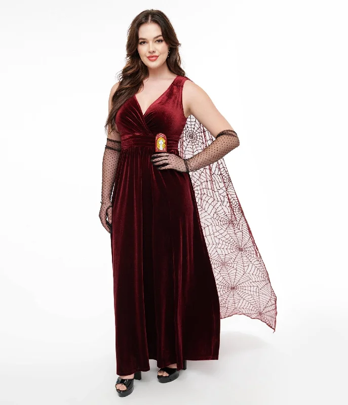 layered evening dress-Disney Hocus Pocus Collection by Unique Vintage Burgundy Velvet & Spiderweb Sequin Cape Gown