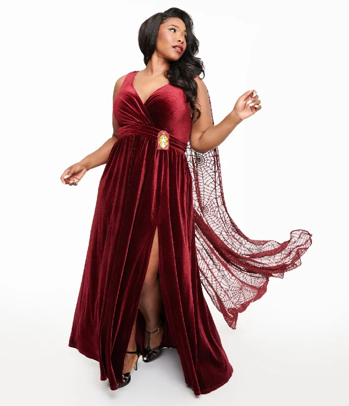 lace evening gown-Disney Hocus Pocus Collection by Unique Vintage Plus Size Hocus Pocus Burgundy Velvet & Spiderweb Sequin Cape Gown