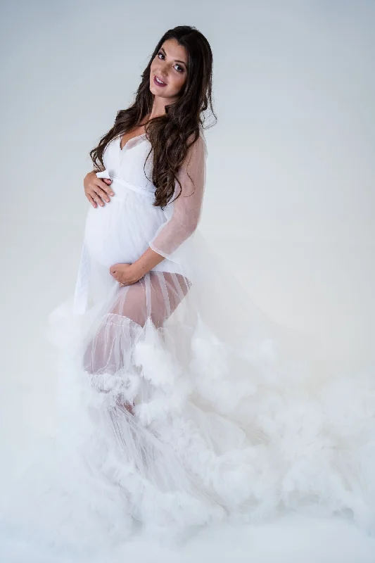 high neck formal evening dress-Maternity Photoshoot Dresses - Dream - White Tulle Gown - 4 DAY RENTAL