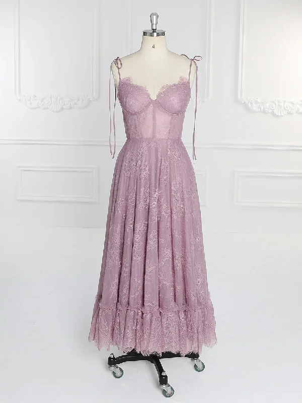 evening dress with train-Dusty Pink Lace Prom Dress Homecoming Dress for Girls Tea Length Formal Dresses YW231089