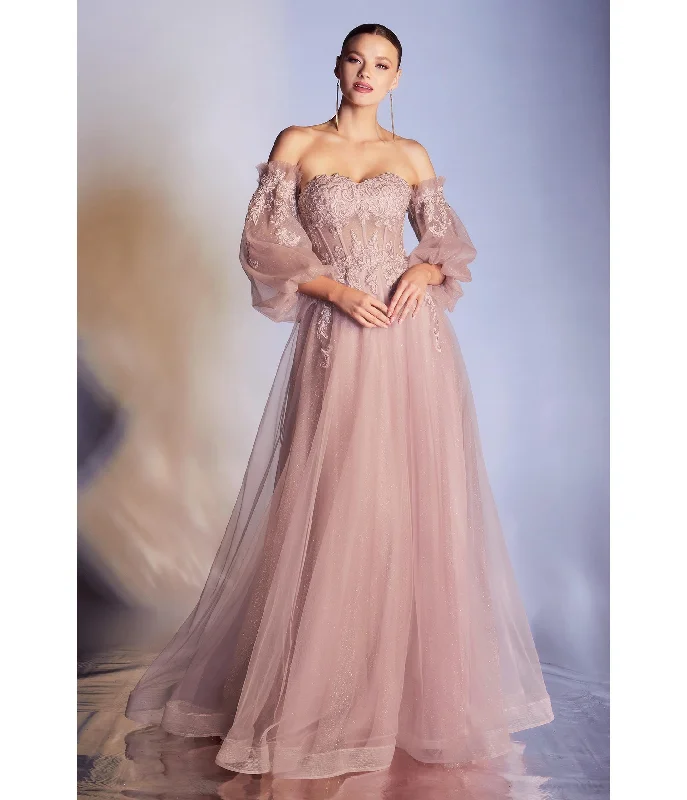 evening dress with feather accents-Cinderella Divine  Dusty Rose Glitter Off The Shoulder Corset Prom Gown