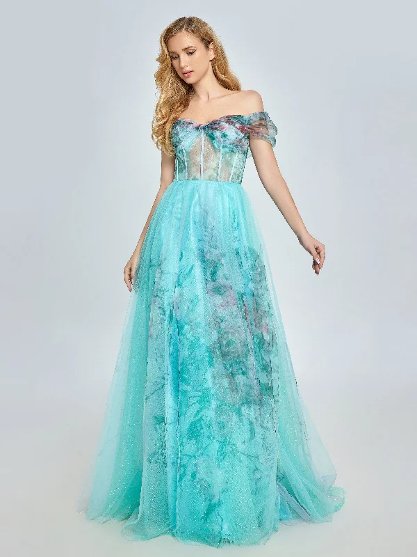 asymmetrical evening dress-Elegant Aqua Floral Printed Off-Shoulder Prom Dress YE3022