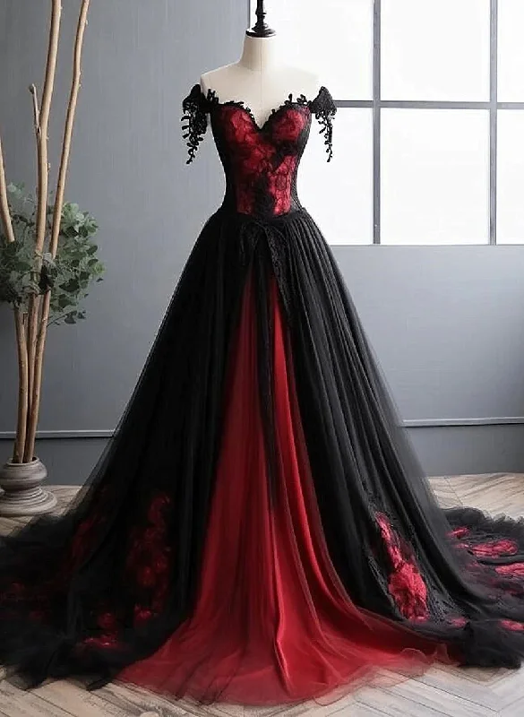 pleated evening gown-Elegant Black And Red Tulle With Lace Off Shoulder Gown, Black And Red Prom Dress      S5194