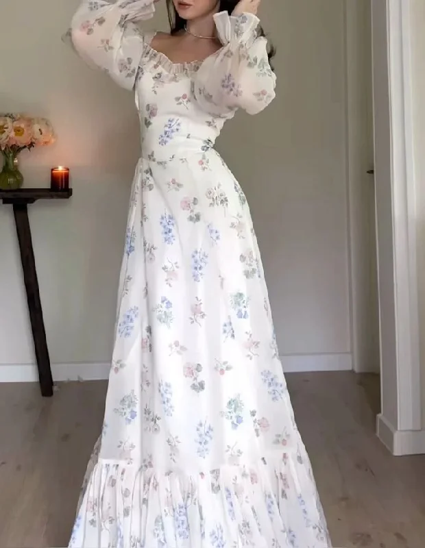 elegant evening dress with sleeves-Elegant Flowers Print Ruffle Long Sleeve Prom Dresses       S5592