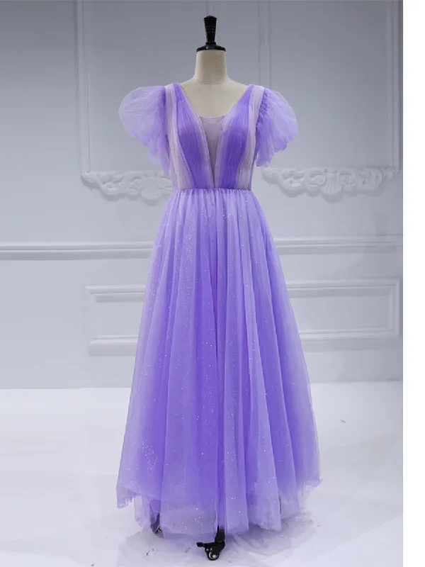 elegant long sleeve evening gown-V Neck Glitter Tulle Ankle Length Dress Elegant Prom Dress #21336D