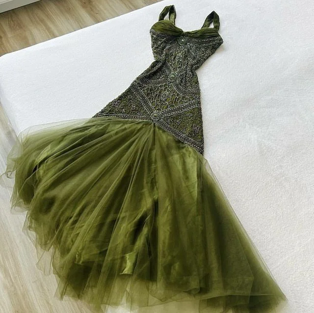 evening dress with sleeves and lace-Elegant Green Straps Long Prom Dresses Long Evening Party Dress      S5889