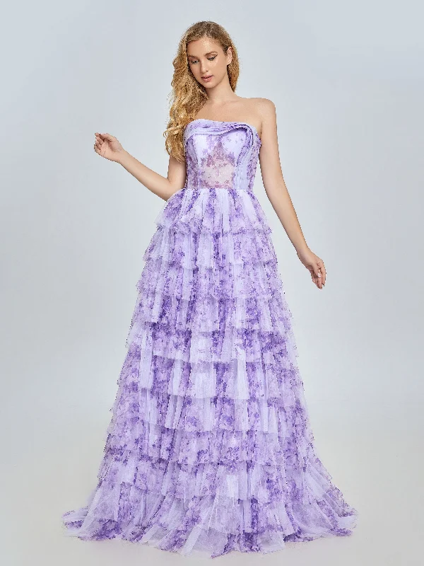 ball gown evening dress-Elegant Lavender Tiered Gown Layered Printed Tulle Prom Party Dress YE3024