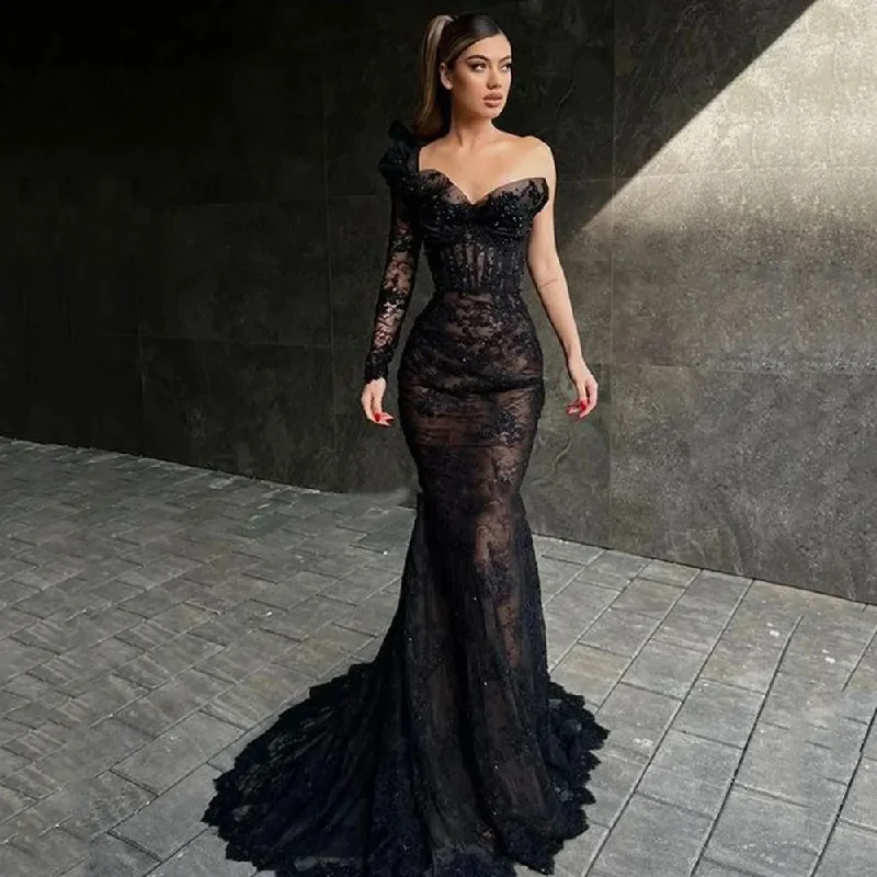 formal evening gown-Elegant Long Black Mermaid Prom Dress One Sleeve Sweetheart Lace Evening Gowns Party Graduation Dresses Vestido De Noche