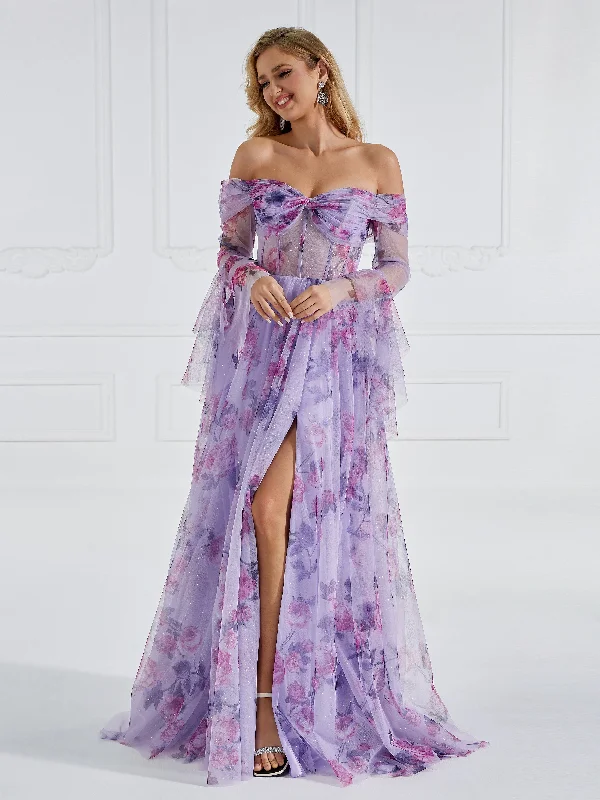 evening dress with keyhole-Elegant Long Flare Sleeve A Line Prom Dresses Printing Tulle Photo Shoot Gown #18407